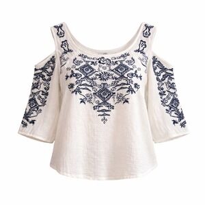 HM Coachella Embroidered Cold Shoulder Top Boho Blouse womens 2 hippie indie